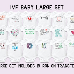 Könnte beinhalten: Ein Set mit 18 Bügelbildern für Baby-Bodys mit Sprüchen und Designs zum Thema IVF. Die Designs beinhalten Sätze wie "Worth All The Work", "Little Miracle", "We Made A Wish And You Came True" und "I Was Worth The Wait".