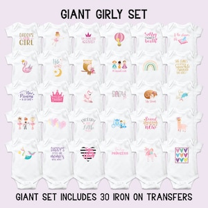 May include: A set of 30 iron-on transfers for baby onesies featuring various designs including a crown, a flamingo, a unicorn, a mermaid, a llama, a hot air balloon, a heart, a princess, a ballerina, a rainbow, a baby carriage, a sloth, a narwhal, and more. The text on the transfers includes phrases like "Daddy's Little Girl", "New Princess", "Dream Big Little One", "Sassy Since Birth", "She Leaves Sparkle Wherever She Goes", and "Brand Sparkling New".
