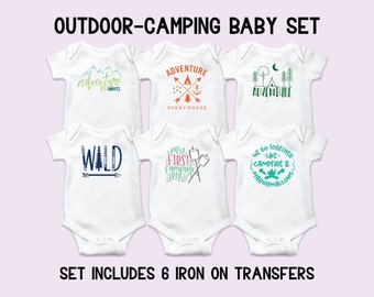 Calcomanías termoadhesivas para baby shower con temática de camping, kit de decoración para body de bebé con temática de aventura.