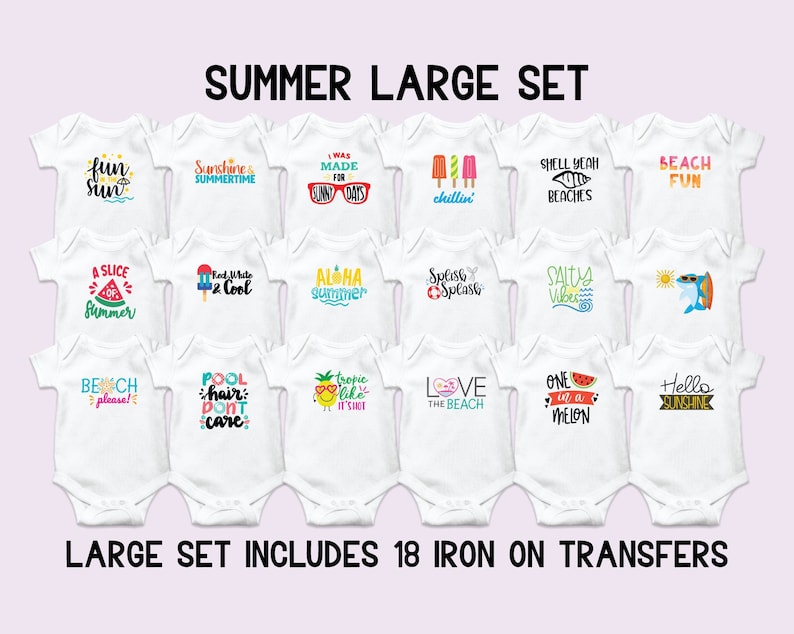 Puede incluir: Un conjunto de 18 transferencias de planchado con dise&ntilde;os de tem&aacute;tica veraniega para bodies de beb&eacute;. Los dise&ntilde;os incluyen frases como "Fun Sun", "Aloha Summer", "Pool Hair Don't Care" y "One in a Melon", as&iacute; como im&aacute;genes de sand&iacute;a, paletas de hielo y pi&ntilde;as.