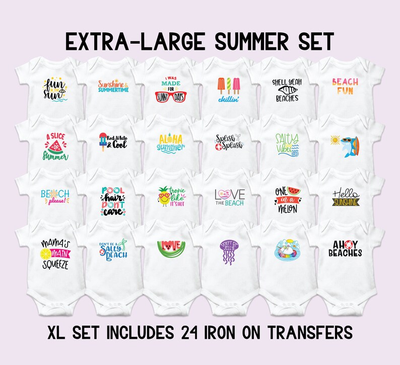 Puede incluir: Un conjunto de 24 transferencias para planchar para bodies de beb&eacute; con dise&ntilde;os de tem&aacute;tica veraniega. Los dise&ntilde;os incluyen frases como "Fun Sun", "Sunshine Summertime", "Aloha Summer", "Beach Please", "Pool Hair Don't Care", "Salty Beach", "Love the Beach", "One in a Melon", "Hello Sunshine" y "Ahoy Beaches".