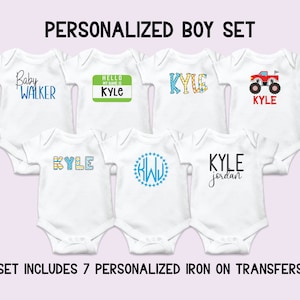 Baby Boy Personalized Onesie® Decorating Kit, Onesie® Iron On Decals Kit, Iron On Decals for Baby Onesies®, Onesie® with Baby Name, Monogram