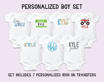Baby Boy Personalized Onesie® Decorating Kit, Onesie® Iron On Decals Kit, Iron On Decals for Baby Onesies®, Onesie® with Baby Name, Monogram