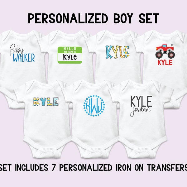 Personalized Baby Boy Onesie Iron-On Decals Kit, Shower Decorating Activity