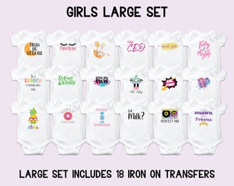 Girls Onesie Iron-On Decals, Baby Shower Decorating Kit