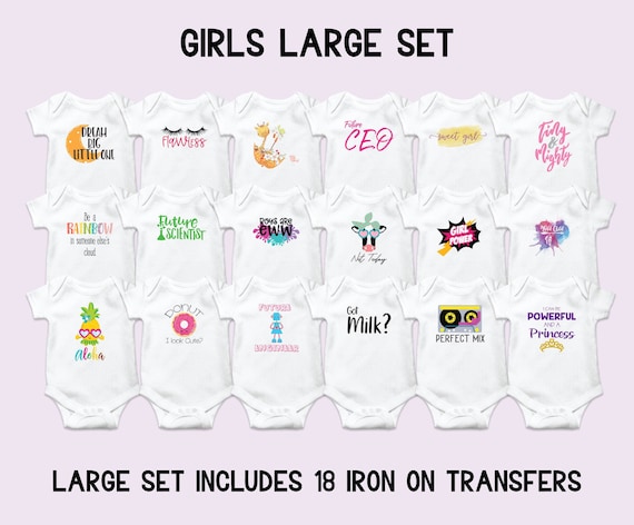 Girls Onesie Decorating Kit, Baby Girl Iron on Transfers, Girl Baby Shower,  Baby Shower Activity, Iron on Decals, Onesie Decorating Station 