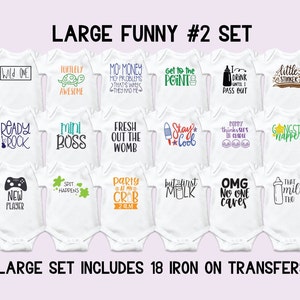 Puede incluir: Conjunto de 18 transferencias para planchar para bodies de beb&eacute; con frases divertidas como "Wild One", "Mini Boss", "Get to the Point", "But First Milk" y "OMG No One Cares".