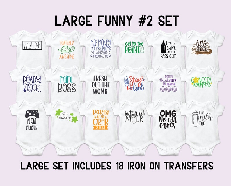 Puede incluir: Conjunto de 18 transferencias para planchar para bodies de beb&eacute; con frases divertidas como "Wild One", "Mini Boss", "Get to the Point", "But First Milk" y "OMG No One Cares".