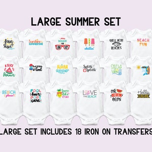 Puede incluir: Conjunto de 18 transferencias para planchar para bodies de beb&eacute; con dise&ntilde;os de tem&aacute;tica veraniega. Los dise&ntilde;os incluyen frases como "Fun Sun", "Aloha Summer", "Pool Hair Don't Care" y "One in a Melon".