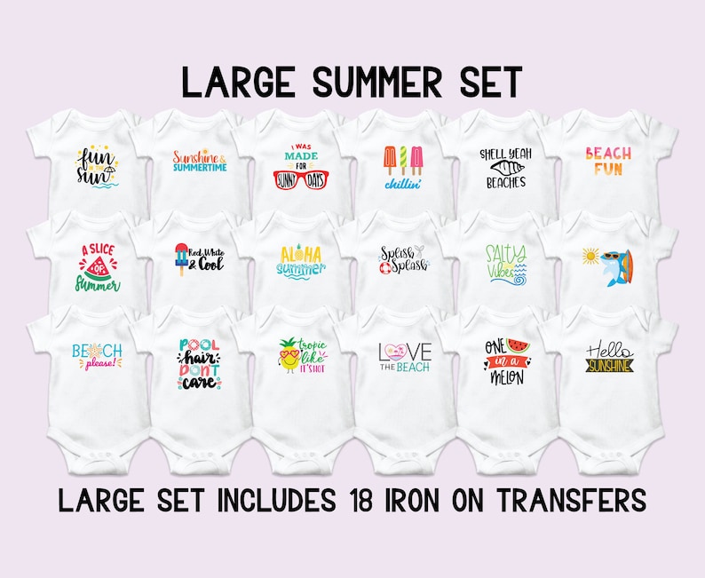 Puede incluir: Conjunto de 18 transferencias para planchar para bodies de beb&eacute; con dise&ntilde;os de tem&aacute;tica veraniega. Los dise&ntilde;os incluyen frases como "Fun Sun", "Aloha Summer", "Pool Hair Don't Care" y "One in a Melon".