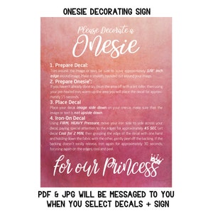 May include: Pink and white sign with the text "Please Decorate a Onesie" and instructions for applying an iron-on decal to a onesie. The sign also includes the text "for our Princess" with a crown graphic.