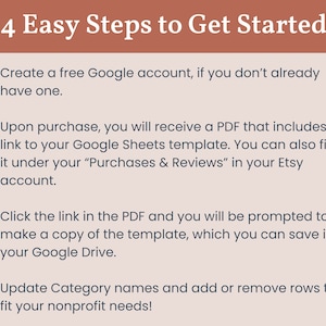 May include: Four easy steps to get started with a Google Sheets template for nonprofit organizations. The steps include creating a free Google account, purchasing the template, clicking a link to make a copy, and updating category names.
