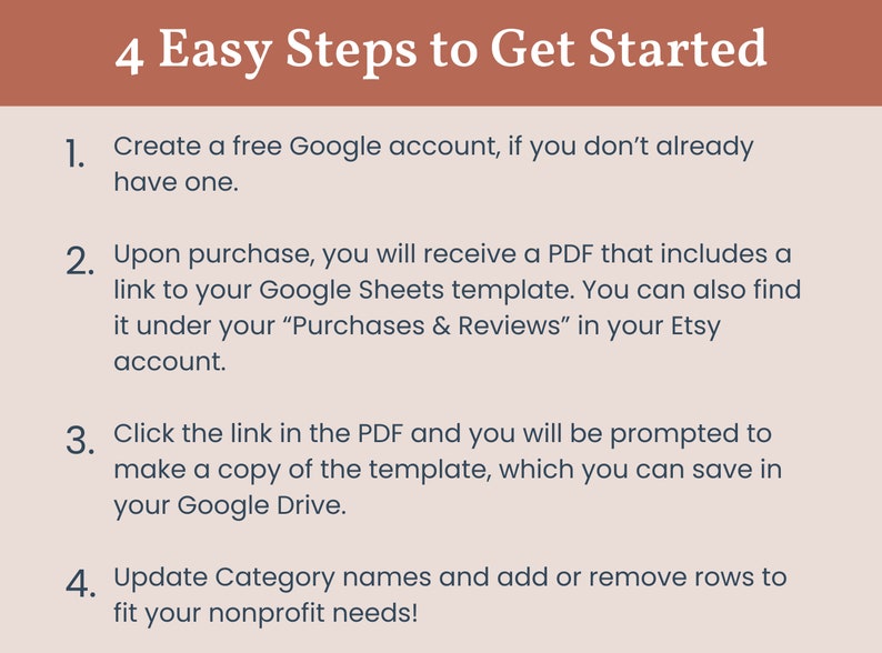 May include: Four easy steps to get started with a Google Sheets template for nonprofit organizations. The steps include creating a free Google account, purchasing the template, clicking a link to make a copy, and updating category names.