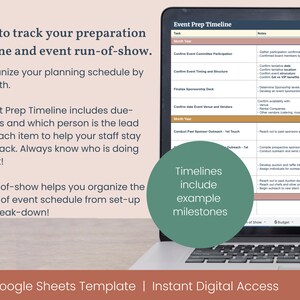 May include: A laptop computer screen displaying a Google Sheets template for an event prep timeline. The template includes a list of tasks, notes, and due dates for planning an event. The text on the screen reads "Event Prep Timeline" and "Timelines include example milestones".