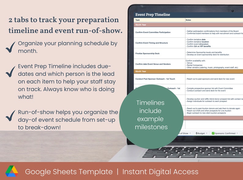 May include: A laptop computer screen displaying a Google Sheets template for an event prep timeline. The template includes a list of tasks, notes, and due dates for planning an event. The text on the screen reads "Event Prep Timeline" and "Timelines include example milestones".