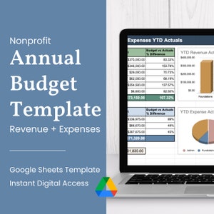 Può includere: Uno schermo di laptop che mostra un modello di budget annuale per organizzazioni non profit su Google Sheets. Il modello include sezioni per entrate e spese, con grafici che mostrano il budget rispetto alle spese effettive e le entrate e le spese accumulate fino ad oggi.