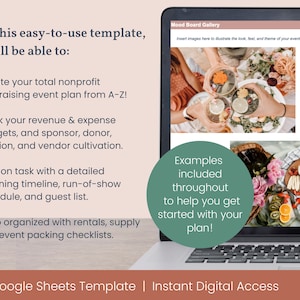 May include: A laptop computer screen displaying a Google Sheets template for planning a non-profit fundraising event. The screen shows a checklist of tasks, a mood board gallery, and the text "Examples included throughout to help you get started with your plan!"
