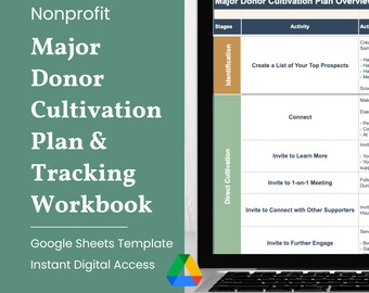 Plan de cultivo de donantes principales y plantilla de seguimiento para organizaciones sin fines de lucro / Plantilla de Google Sheets / Descarga instantánea