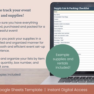 May include: A laptop screen displaying a Google Sheets template for tracking event rentals and supplies. The template includes a list of items, quantities, and box numbers. The text on the screen reads "Supply List & Packing Checklist".