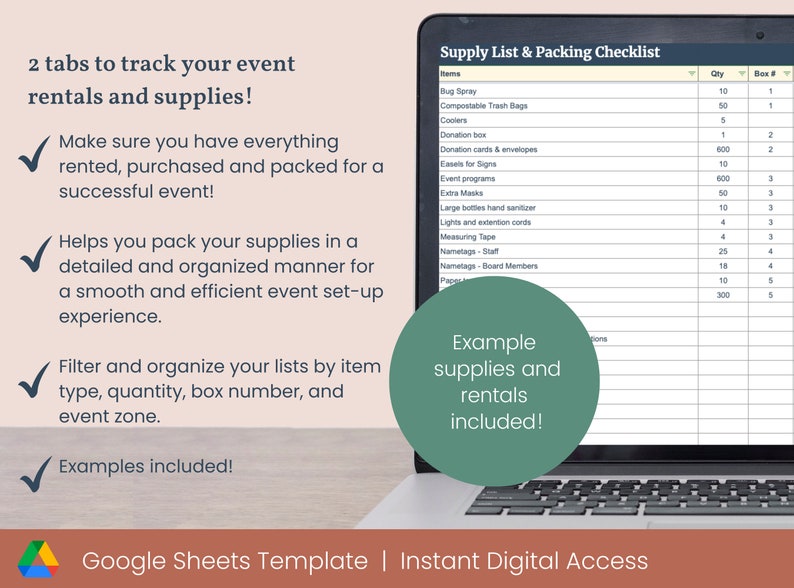 May include: A laptop screen displaying a Google Sheets template for tracking event rentals and supplies. The template includes a list of items, quantities, and box numbers. The text on the screen reads "Supply List & Packing Checklist".
