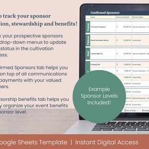 May include: A laptop computer screen displaying a Google Sheets template for tracking sponsors. The template includes tabs for confirmed sponsors, sponsor cultivation, and sponsorship benefits. The screen also shows an example of sponsor levels, including Premier, Platinum, and Gold.