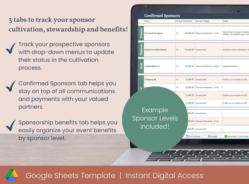 May include: A laptop computer screen displaying a Google Sheets template for tracking sponsors. The template includes tabs for confirmed sponsors, sponsor cultivation, and sponsorship benefits. The screen also shows an example of sponsor levels, including Premier, Platinum, and Gold.