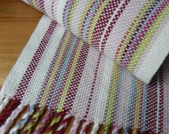 Hand Woven Striped Wool Scarf White and Pinks