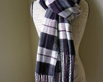 Hand Woven Wool Scarf Black, White Plaid