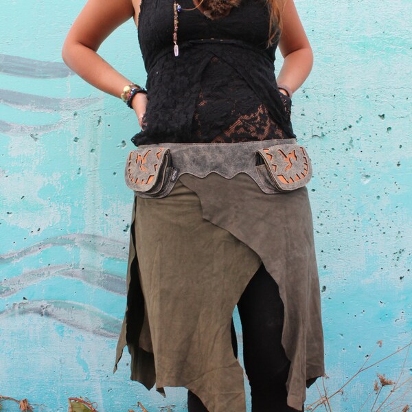 Wild Thiings Tribal Pixie Leather SteamPunk Woodland Warrior Goddess Gypsy Bohemia Festival Pocket Skirt S M L