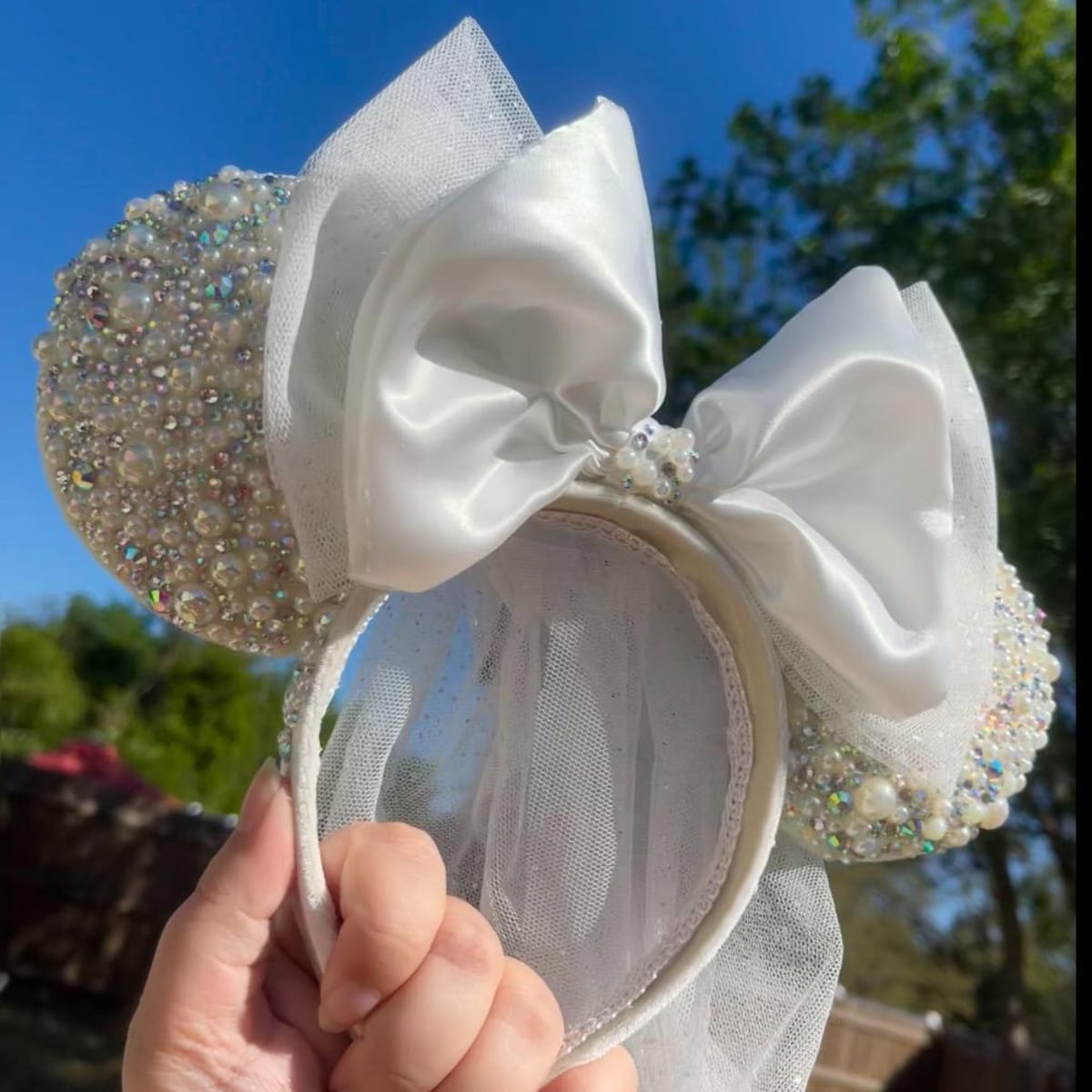Pearl and Rhinestone Bridal Mouse Ears - With Bow and Veil, Front and Back.