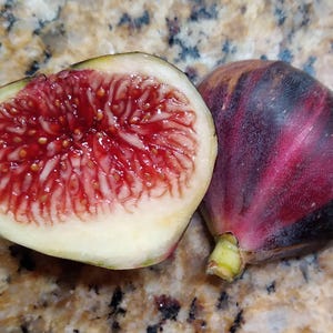 May include: A halved fig with a red interior and a whole fig with a dark purple and red skin.