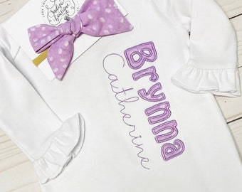 Baby girl gown, newborn gown, monogrammed gown, going home outfit, white baby gown, coming home outfit, baby girl, gown with name, lavender