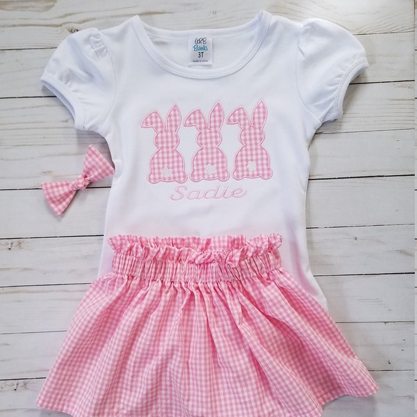 Girl's Easter outfit, Easter shirt and skirt, pink gingham, first Easter, Easter dress