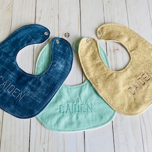 Baby Boy bibs, set of three bibs, monogrammed bibs, bibs with name, boy bibs, monochrome, blue, teal, tan, embroidered bibs image 1