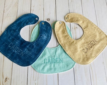 Baby Boy bibs, set of three bibs, monogrammed bibs, bibs with name, boy bibs, monochrome, blue, teal, tan, embroidered bibs