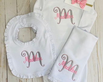 Baby girl gift set, baby gown, baby shower gift, monogram gown, girl bib, bib and burp cloth