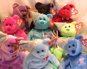 TY Vintage Beanie Baby bearsBirthday Bears Jan, Feb, Mar, Jul, Aug, Sept, Dec, 2000 Signature and 2003 Signature.