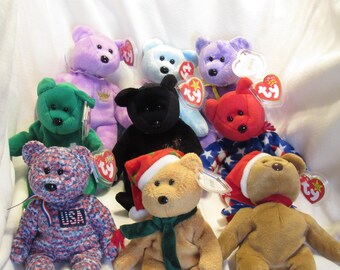 TY Vintage Beanie Baby bears Eggs III, Eggs II, 2003 Holiday Teddy, Erin, Liberty, Usa, 1997 Teddy, The End and Yours Truly.