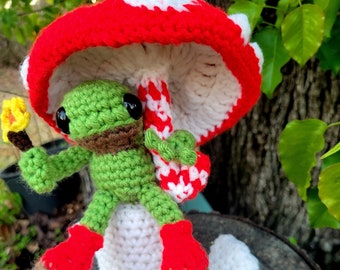 Made to order Frog with toadstool umbrella, cottagecore, goblincore, crochet plush toy