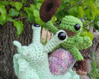 Made to order!  Frog riding a snail rodeo, cottagecore, goblincore, crochet plush toy, cowboy frog