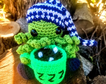 Made to order Sleepytime Cthulhu crochet plush with hot chocolate!