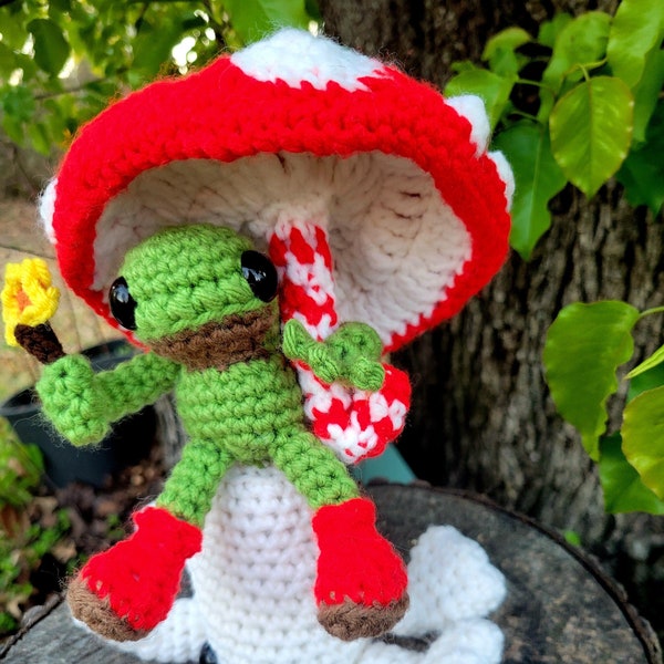 Made to order Frog with toadstool umbrella, cottagecore, goblincore, crochet plush toy