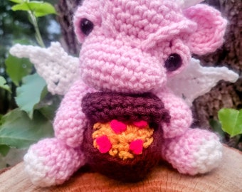 Made to order Jellybean Dragon baby with treasure chest crochet plush any color, amigurumi stuffed animal, fantasy monster