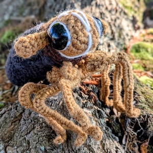 May include: A handmade crochet insect with large, black eyes and a brown body. The insect has six brown legs and a black abdomen. The eyes are outlined in white. The insect is sitting on a tree trunk.