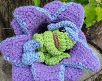 Ready to ship Frog sleeping in flower, cottagecore, goblincore, crochet plush toy, sleepy frog