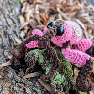 May include: A handmade crochet insect toy with a pink and brown body, dark brown legs, and large black eyes. The toy is resting on a mossy surface with a blurred background of leaves and tree bark.
