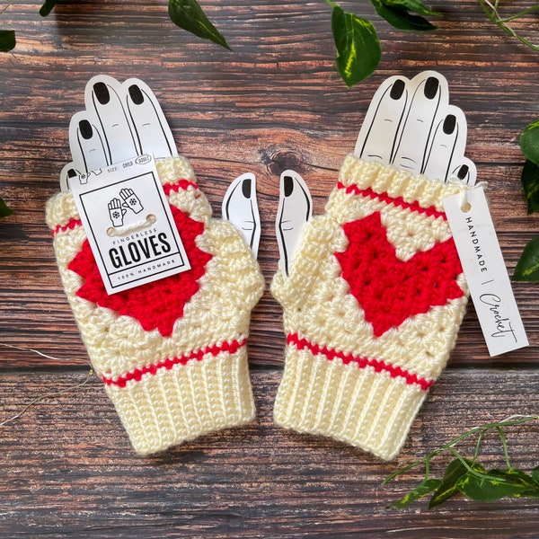 Crochet Heart Fingerless Gloves | Mittens | Cottagecore | Fairycore | Forestcore | Kawaii | Gifts For Her | Best Friend Gift | Granny Square