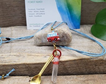 Spoonie Necklace, VW Bus Crystal Point Pendant Spoon Necklace