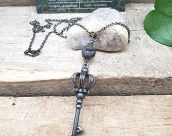 Womens Necklace, Black Drusy Crystal Key Necklace