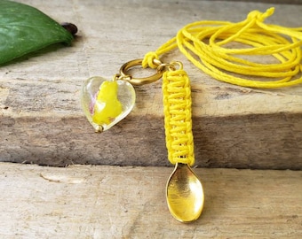 Blown Glass Heart Gold Spoon Necklace